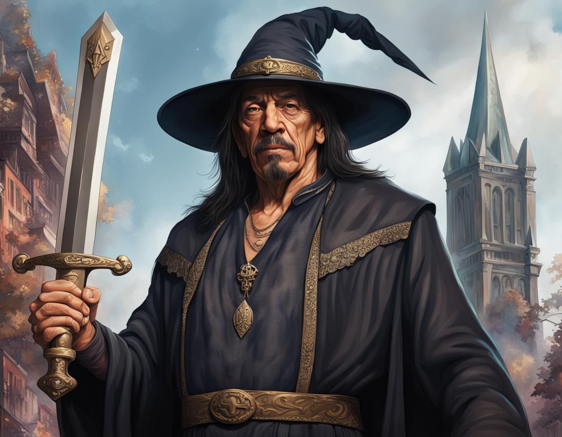 Danny Trejo as Modern Wizard Merlin in Cityscape