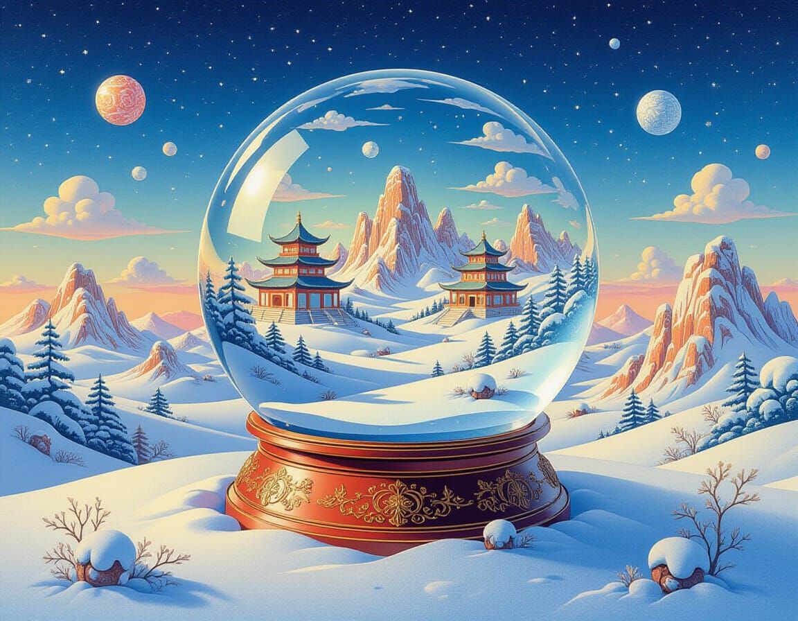 Surreal Snow Globe Landscape with Impossible Geometry