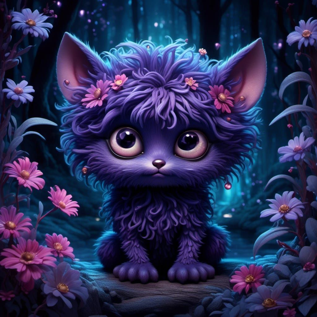 Adorable Furry Monster in Eerie Bioluminescent Forest