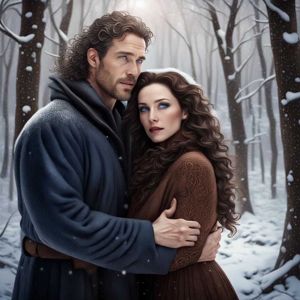 Embracing Couple in Winter Forest: Detailed Matte Painting
