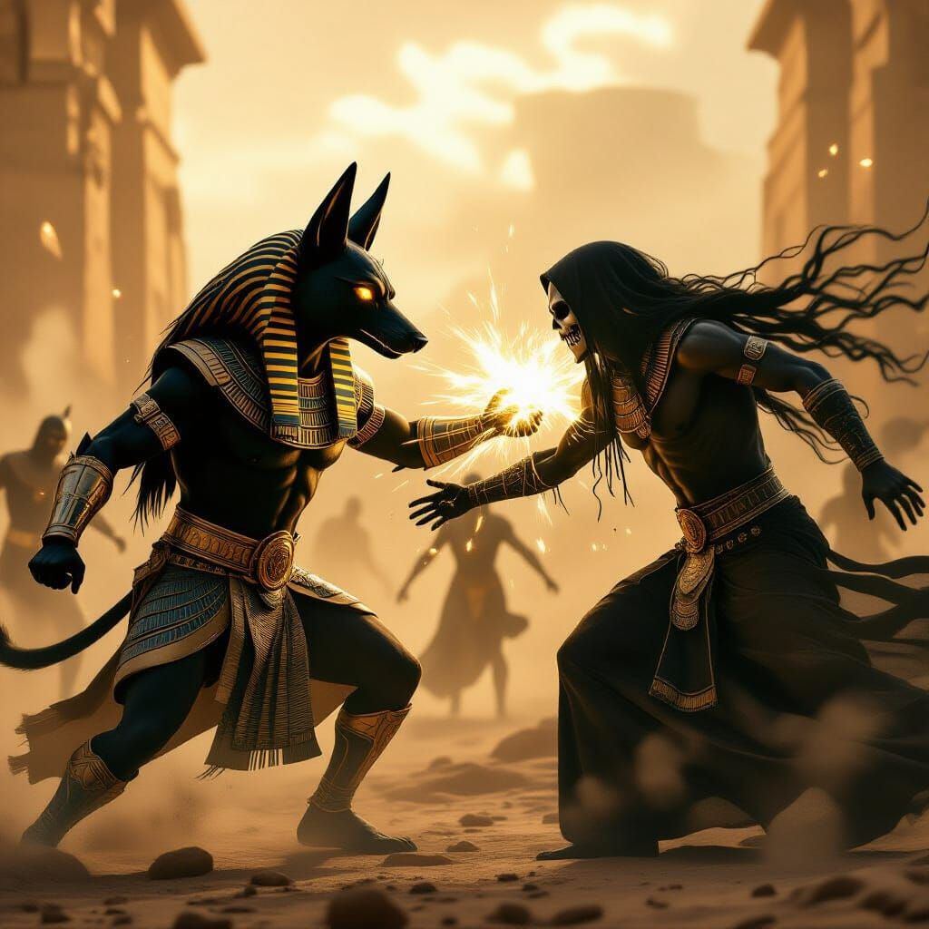Anubis Battles Death for Souls in Epic Cinematic Scene