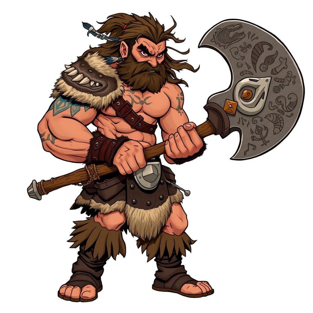 Fierce Barbarian Warrior in Cartoon Fantasy Style