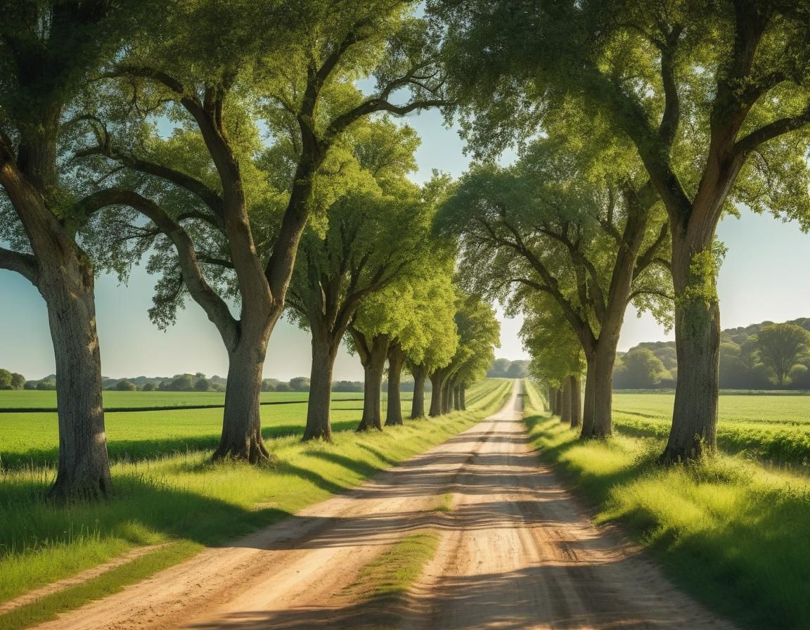 Sunlit Dirt Road with Oak Trees and Fields