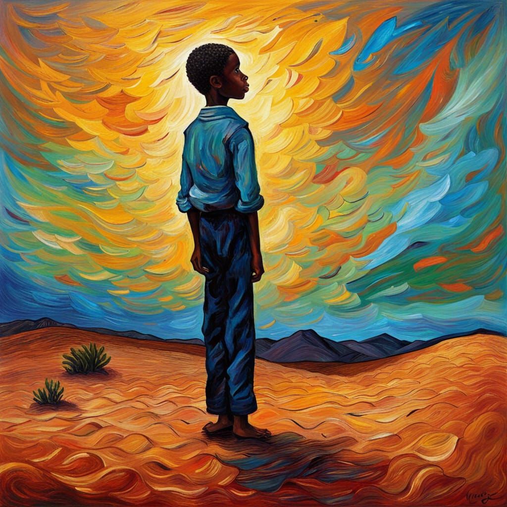 Barren Desert Boy: Van Gogh-Inspired Impressionism