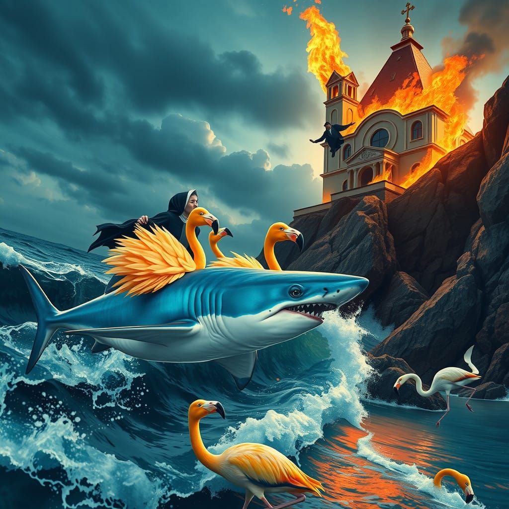 Vibrant Flamingos Ride Majestic Sharks with Burning Church i...