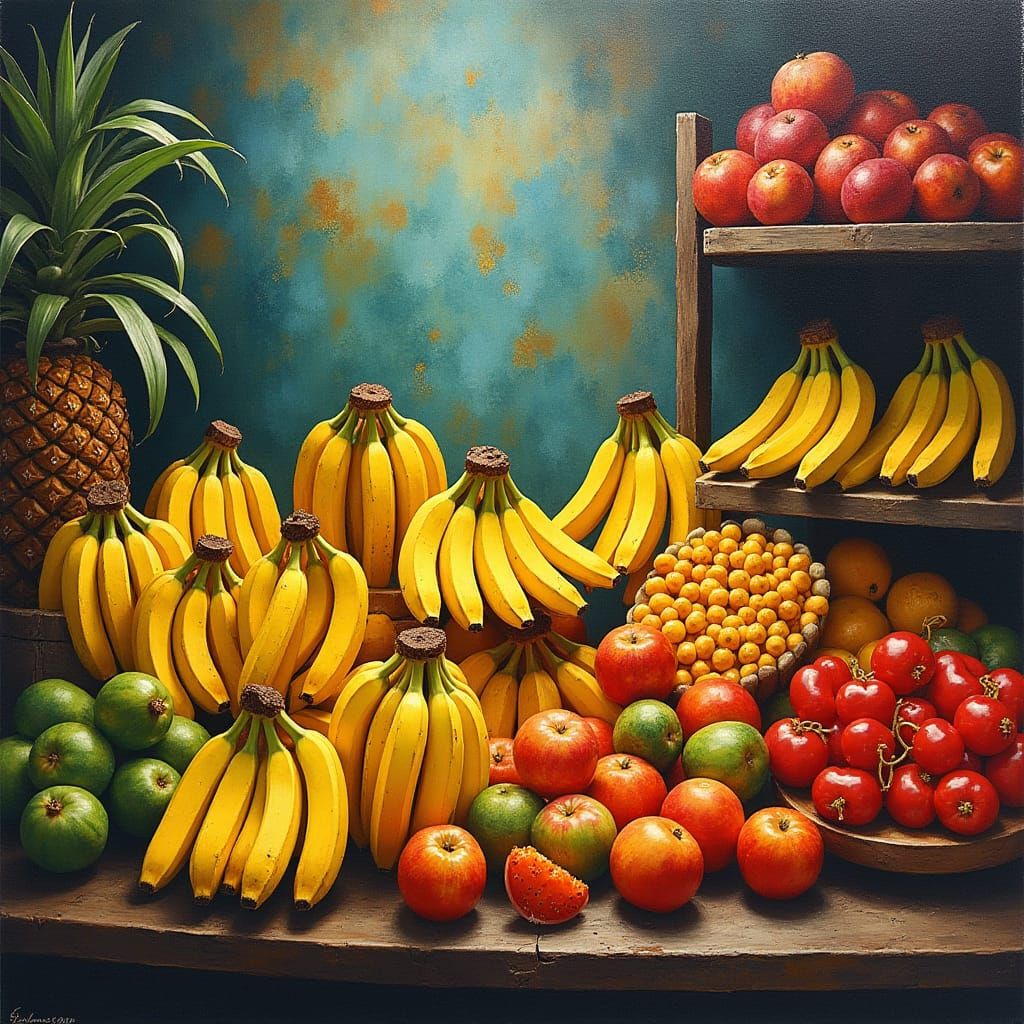 Lush Tropical Fruit Market in Gouache Style