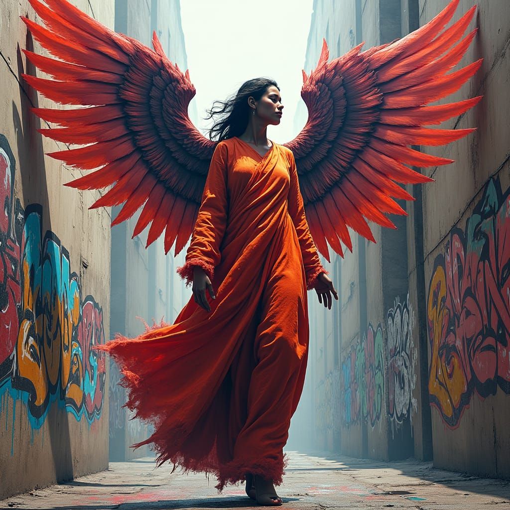 Urban Angel with Graffiti Wings, Polychromatic Art