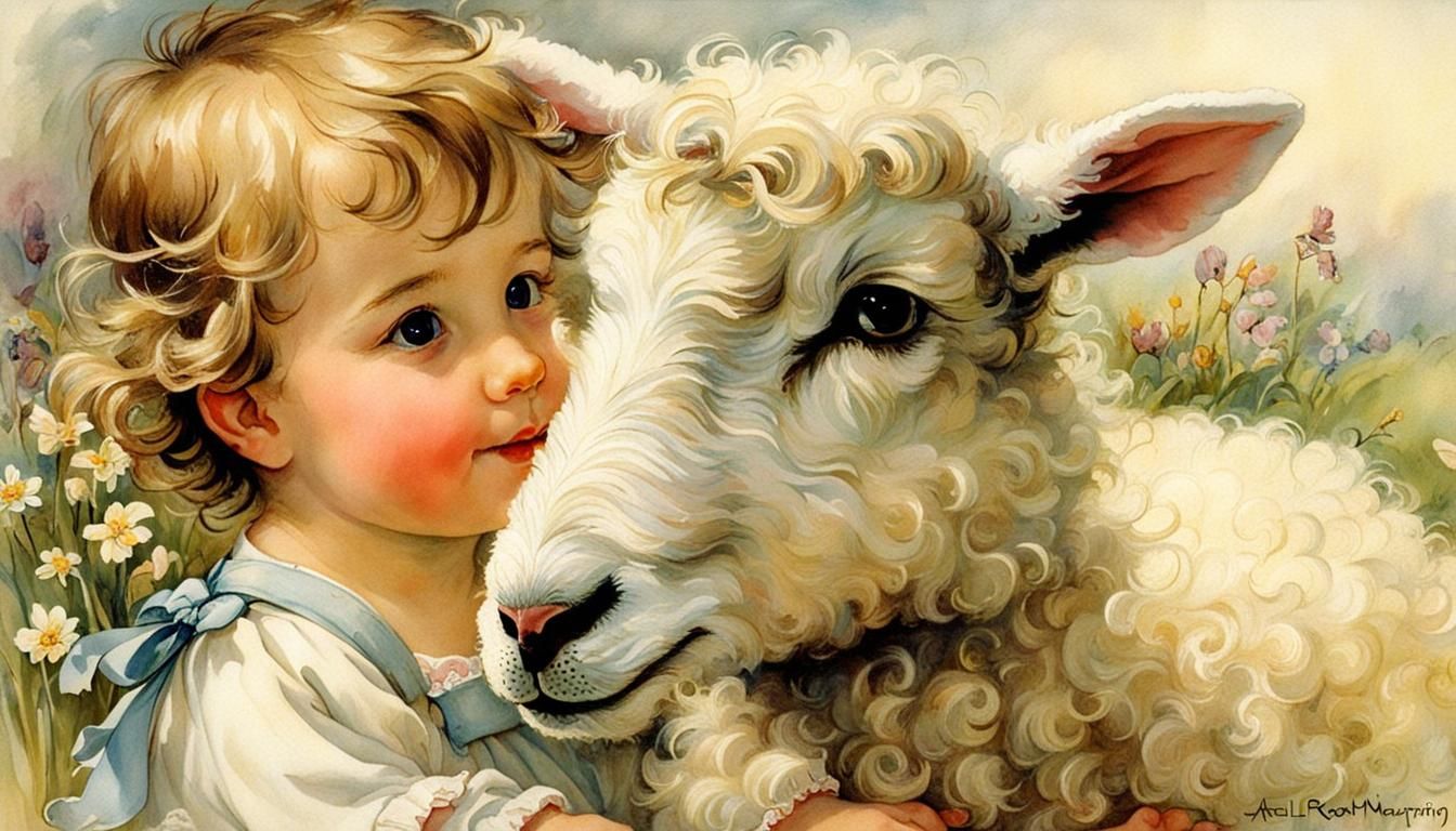 Toddler and Lamb in Easter Morning Fantasy