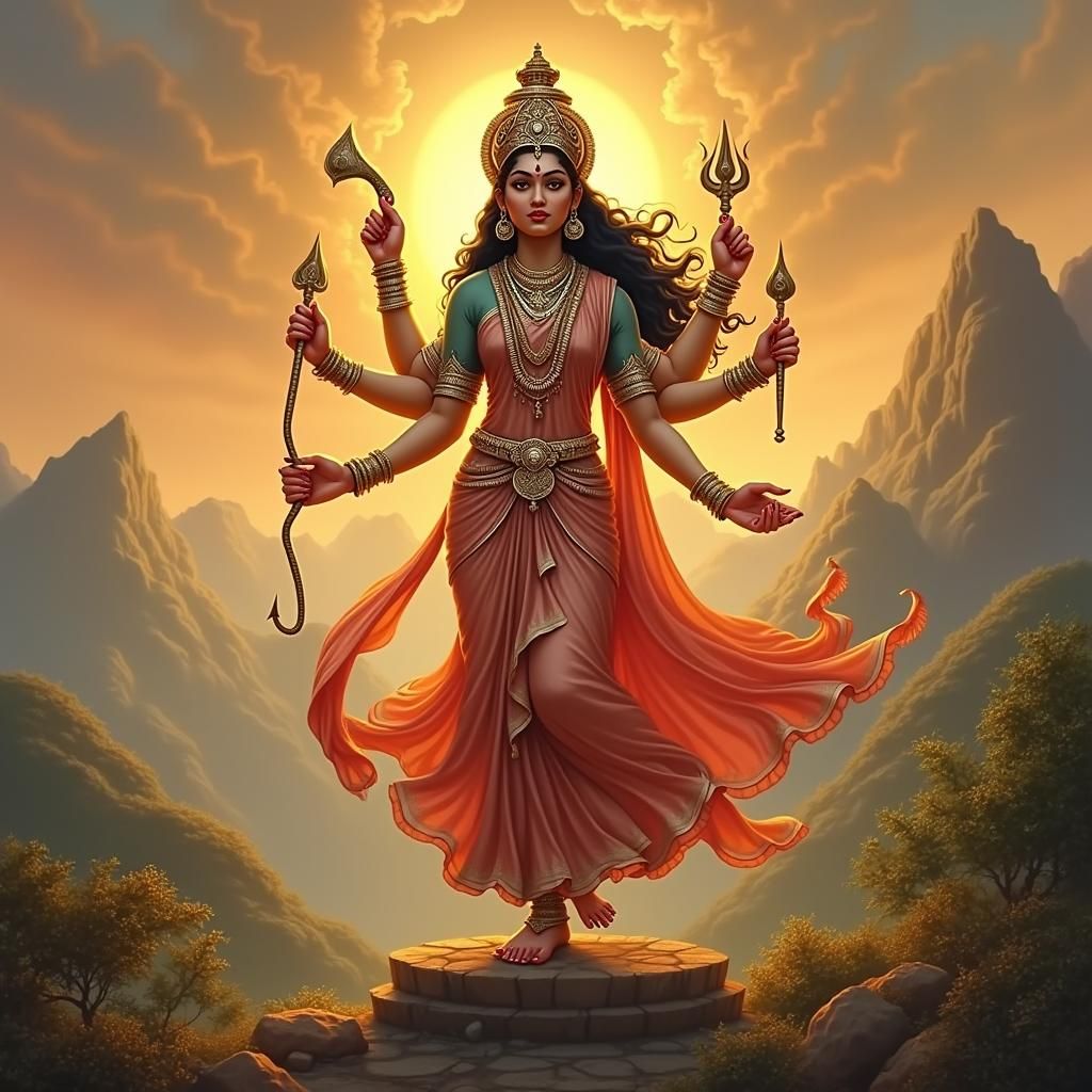 Goddess Durga with Weapons in Traditional Indian Style