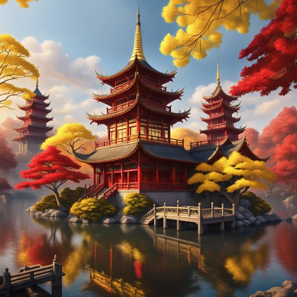 Majestic Pagoda and Ginkgo Tree in Fantasy Art