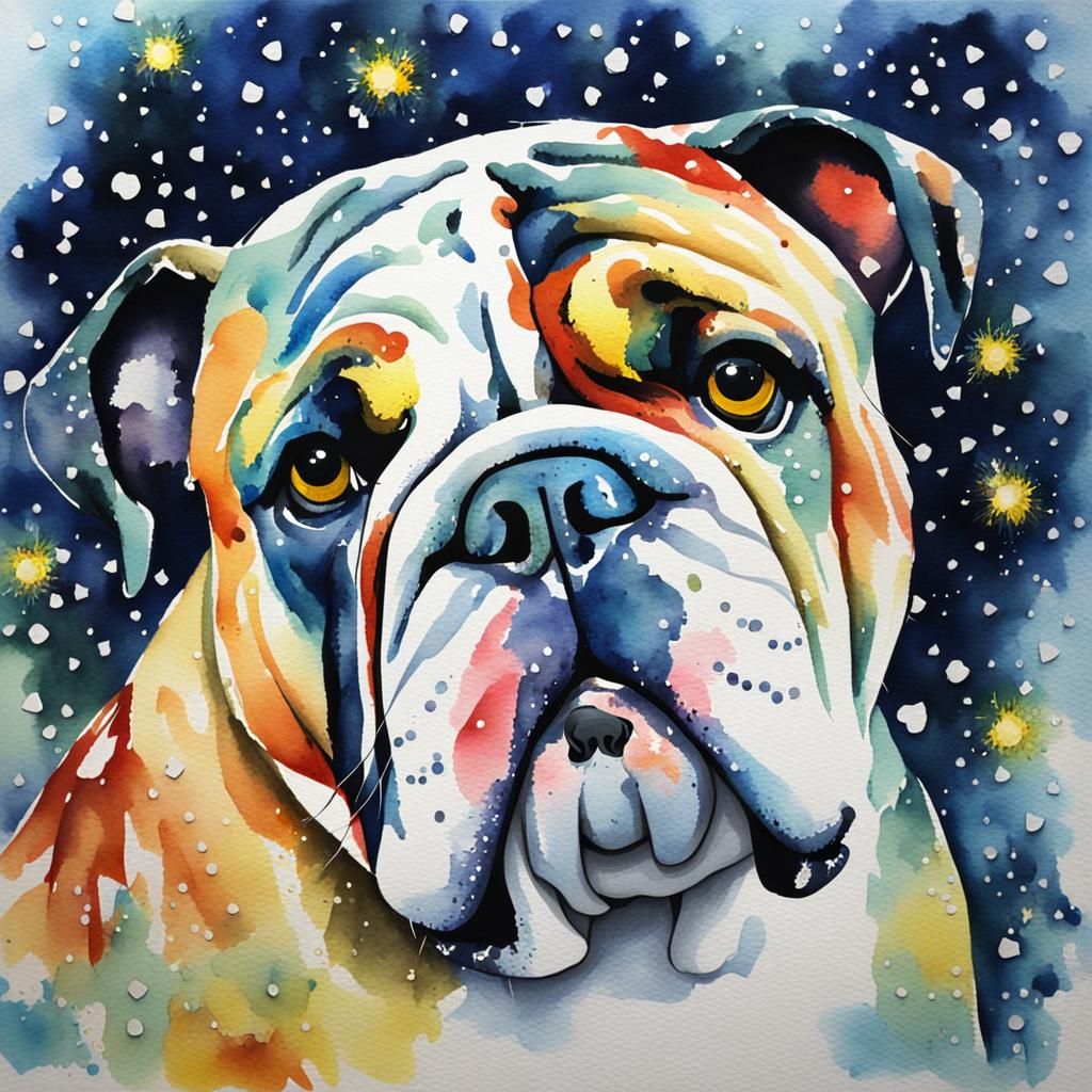 English Bulldog Christmas Watercolour with Fireflies