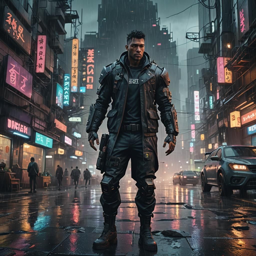 Cyberpunk Protagonist in Rainy Cityscape: Detailed Matte Pai...
