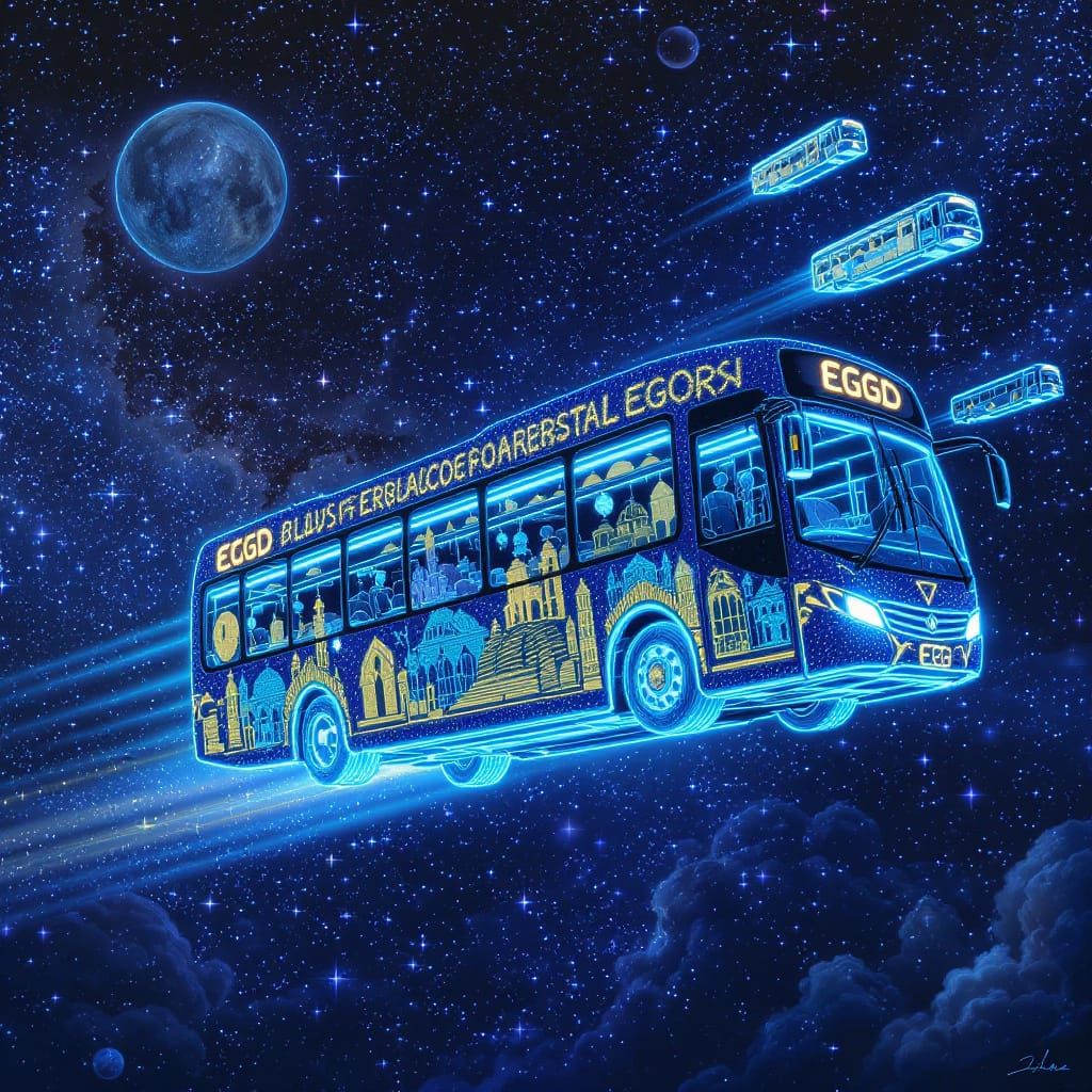Envision a fleet of Egged buses soaring through the night sky, each adorned with intricate, bioluminescent knit patterns...