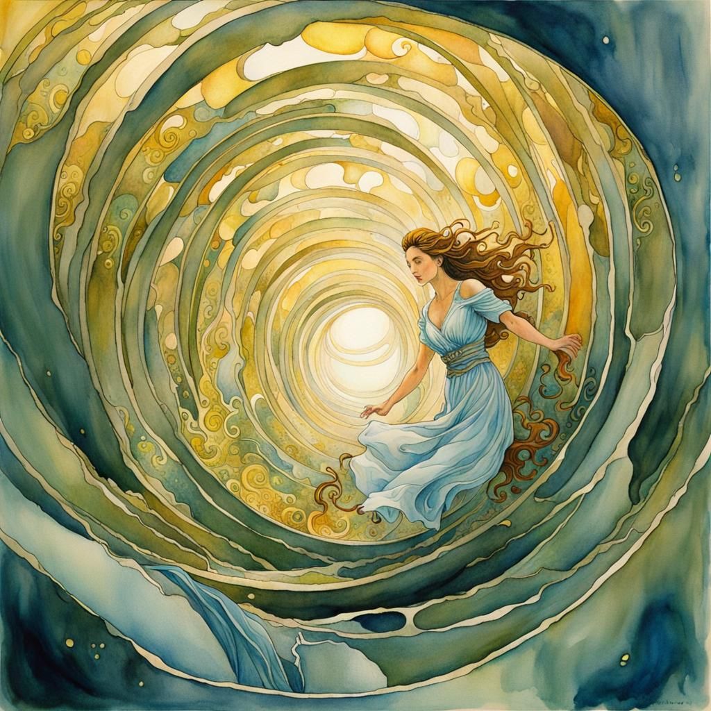 Woman Floats Through Labyrinthine Time Tunnel