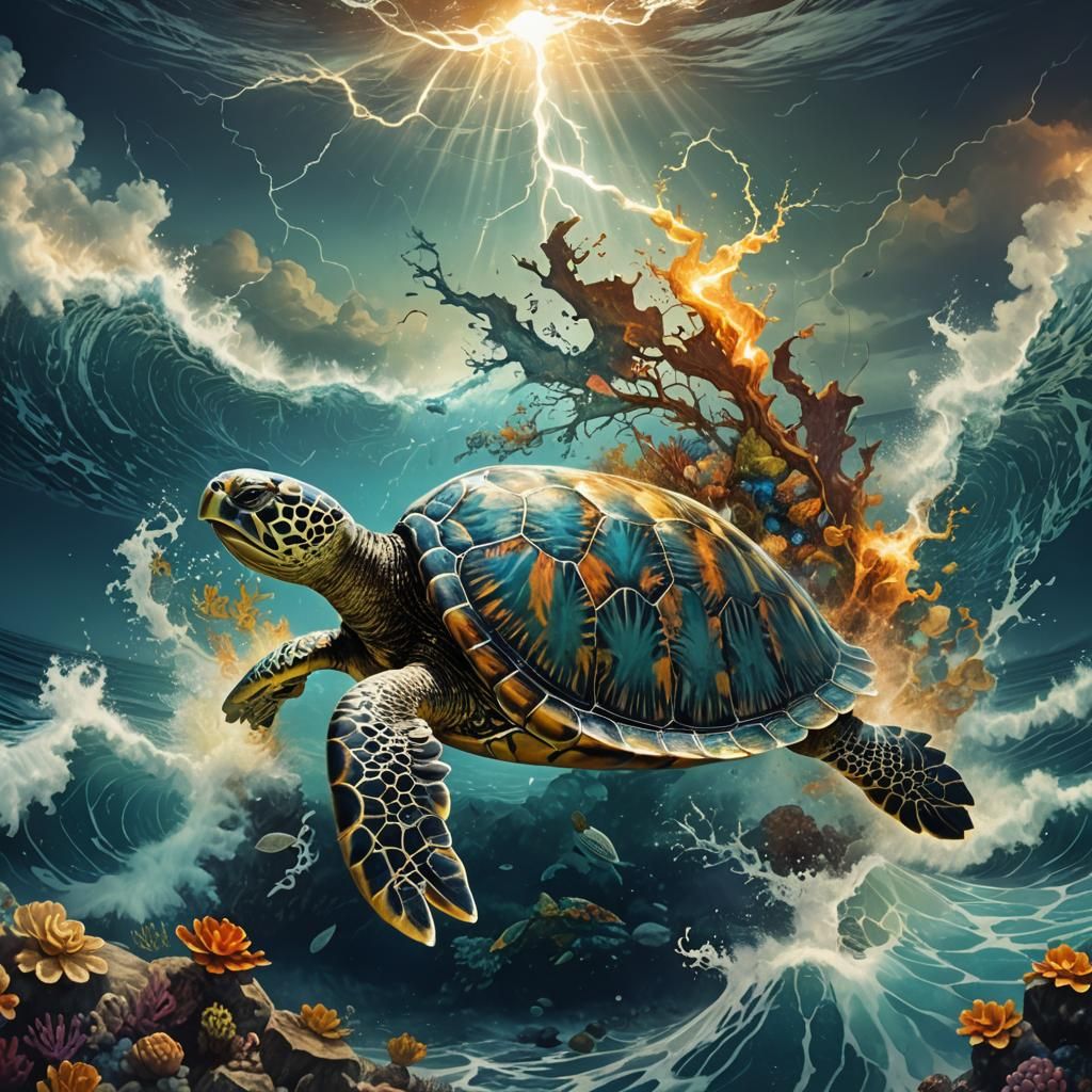 Mystical Turtle in Double Exposure Art