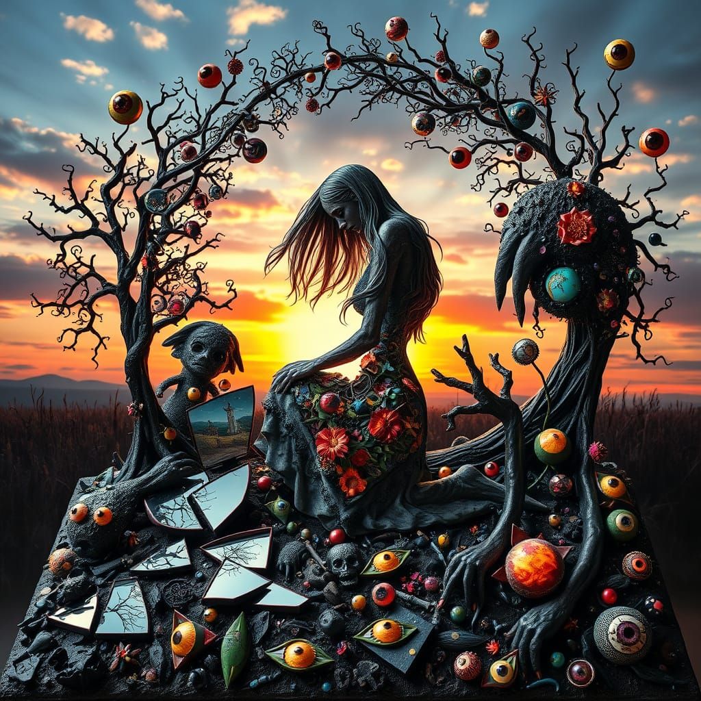 Surreal Fragmented Sculpture of Woman at Sunset