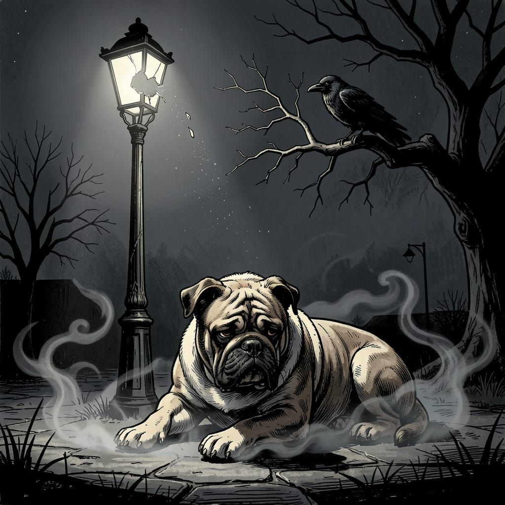 Melancholy Bulldog Under Midnight Lamppost in Noir Style