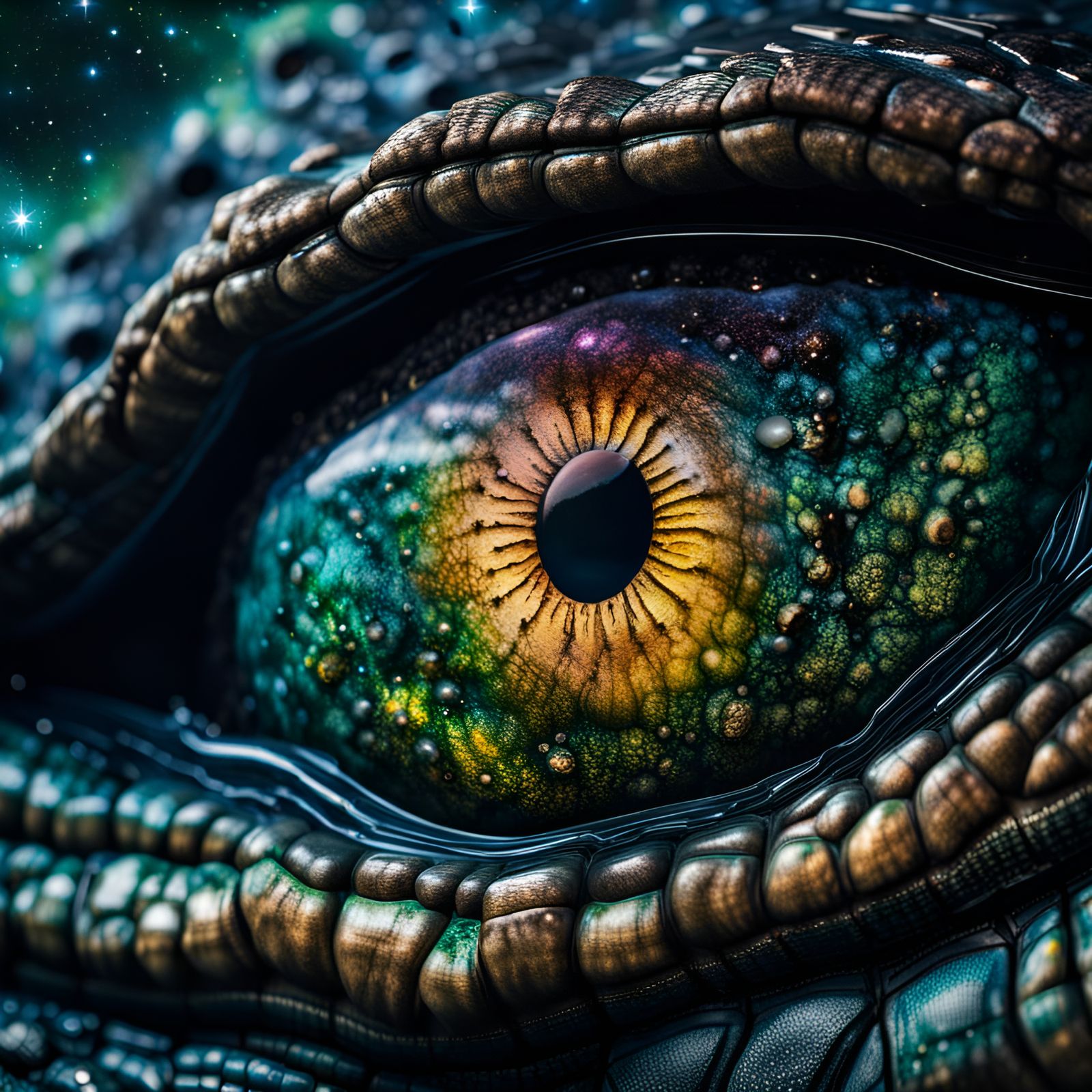 Crocodile Eye Reflecting Starry Nebula in HDR