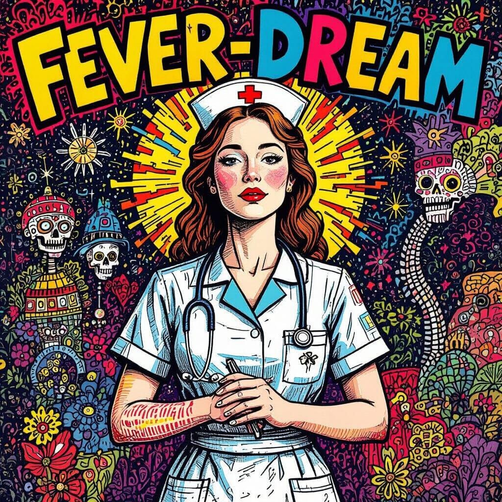 Chaotic Fever-Dream Nurse Doodle in Vibrant Folk Art Style