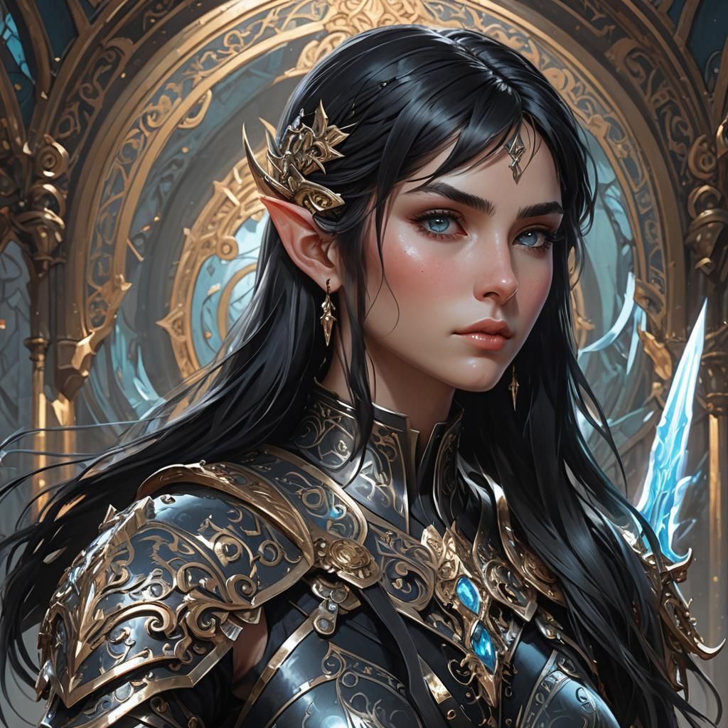 Beautiful Elf Warrior in Ornate Black Armor