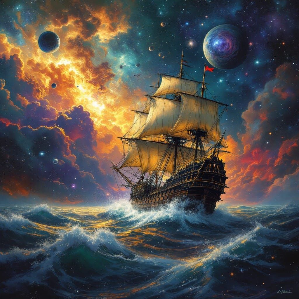 Pirate Ship Sails Through Cosmic Space