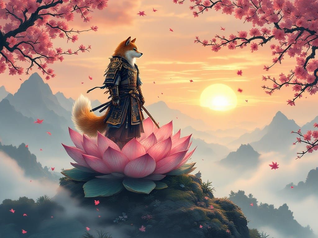 Shiba Inu Samurai on Lotus Flower at Dawn