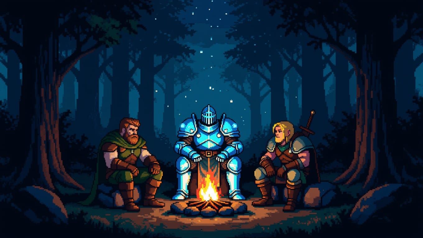 Pixel-Art Knights Gather in Dark Forest