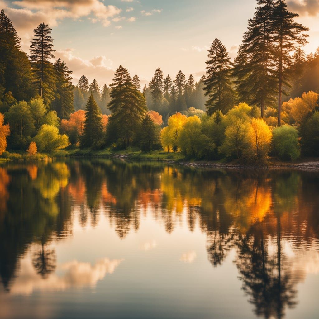Picturesque Lake Landscape in Golden Hour Light