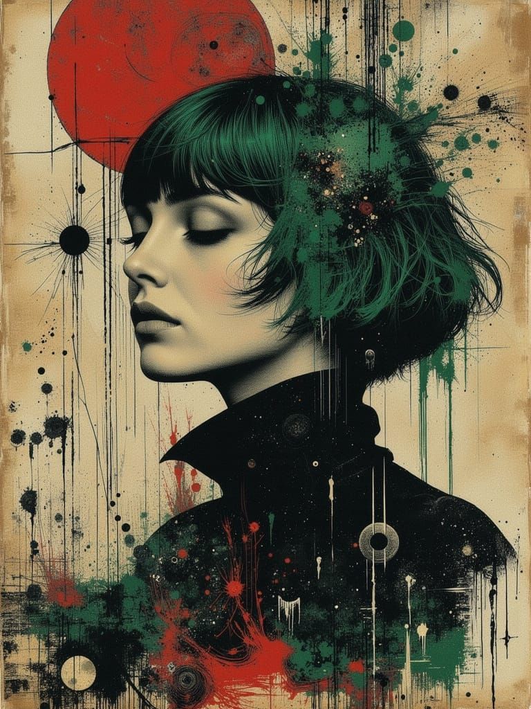 Gothic Portrait of a Melancholic Woman in Mixed Media Style