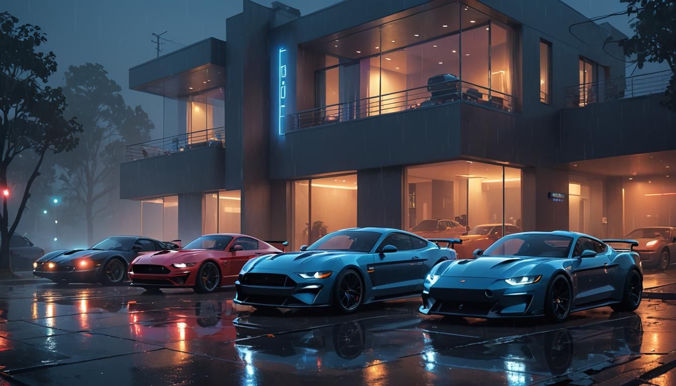 Futuristic Modern House with Sports Cars at Night