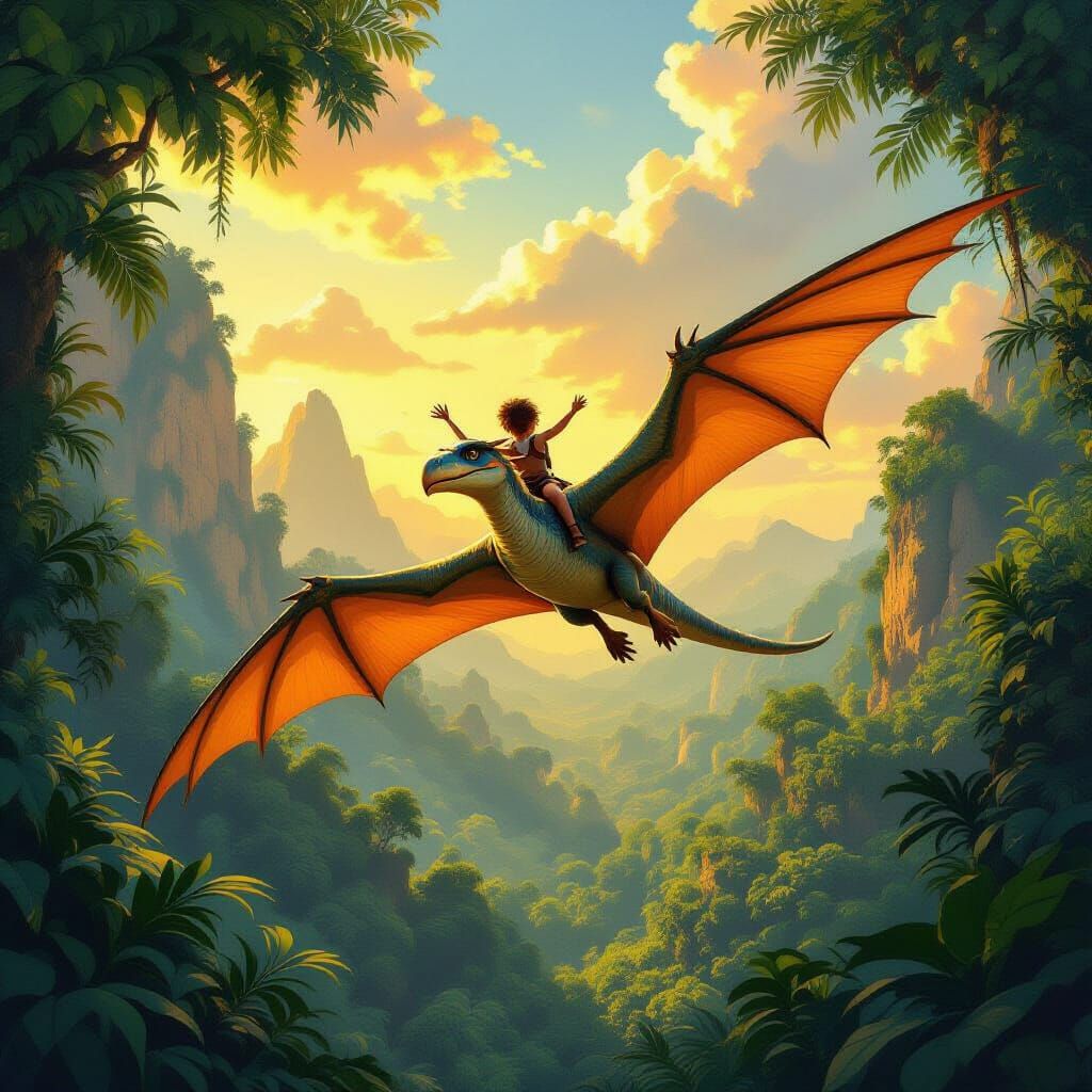 Boy Flies Prehistoric Bird Over Ancient Jungle