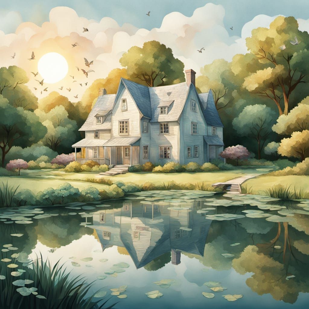 Country House and Pond Crafted from Crumpled Paper