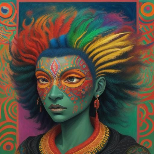 Rainbow Woman with Peacock Feathers: Abstract Portrait