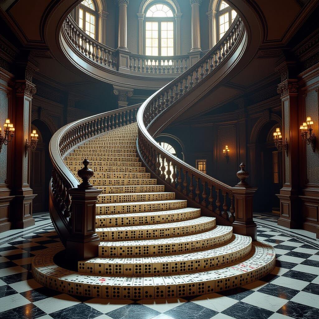 Endless Domino Staircase in Cinematic Style