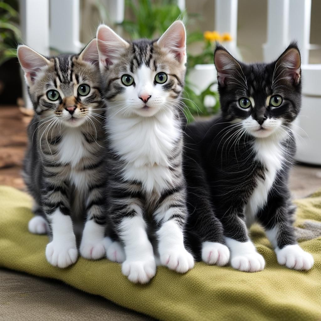 Three Adorable Kittens: Black, Tabby, and Black