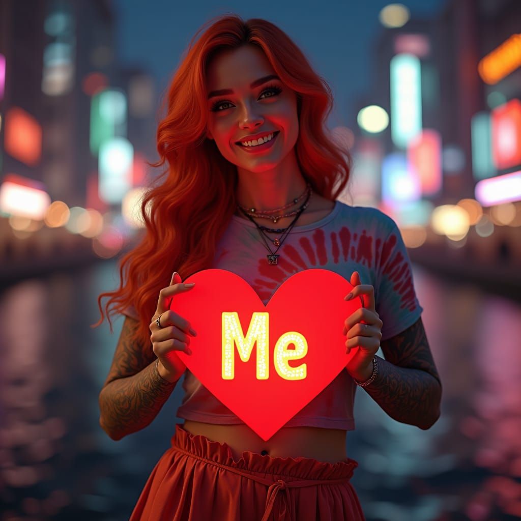 Smiling Tattooed Woman Holding Heart in Cityscape