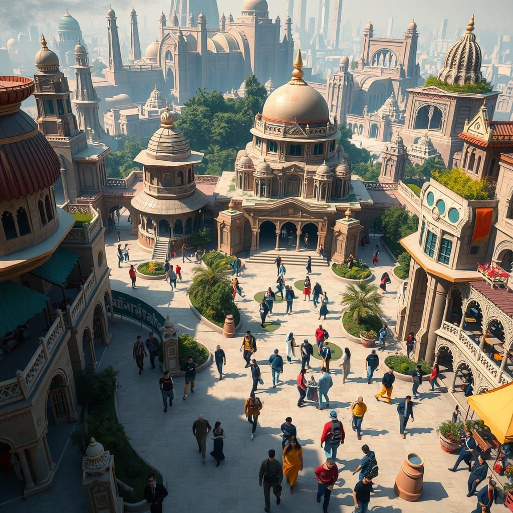 Ancient Indian University Campus in Futuristic Metropolis