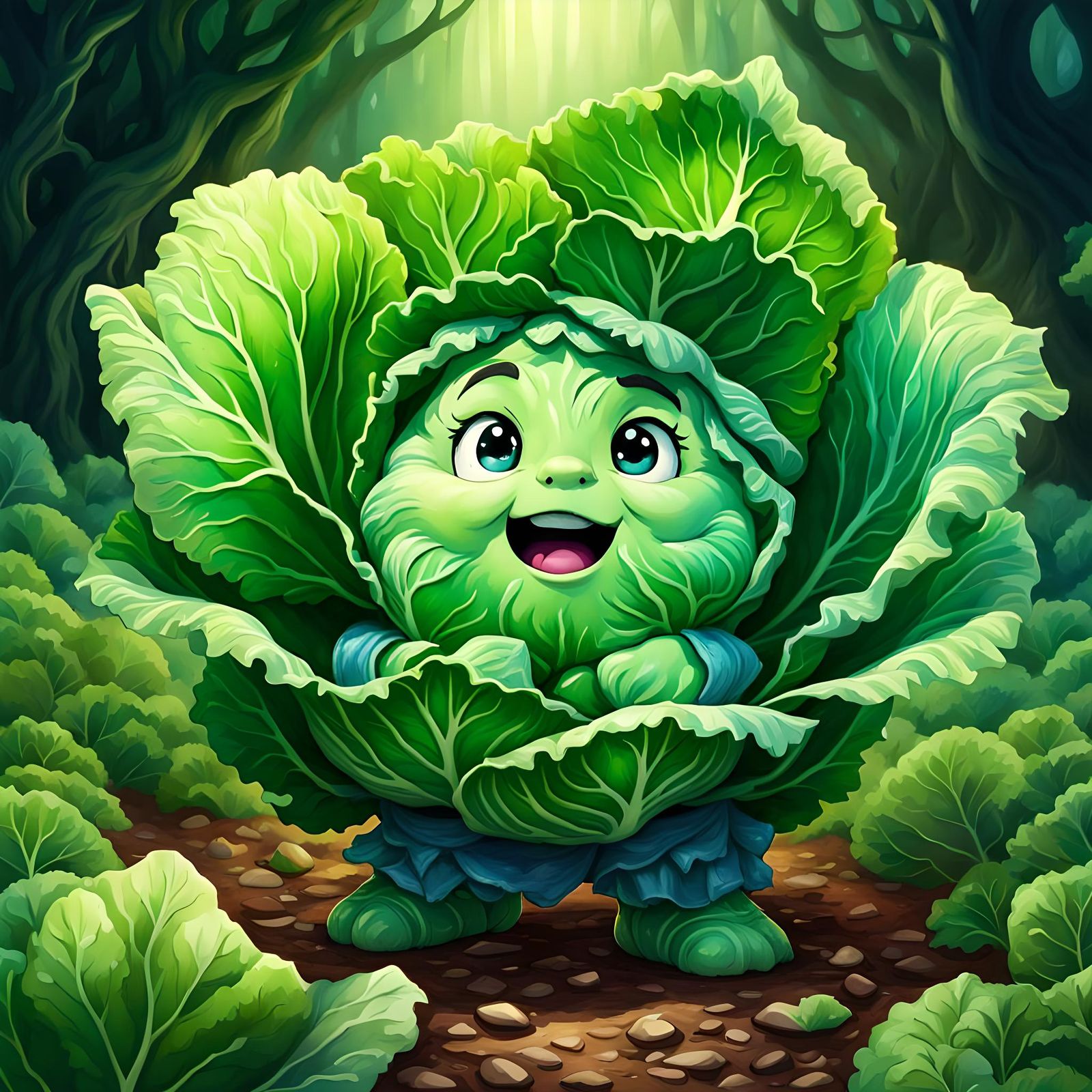Cartoon Cabbage with Anime Face Illustration