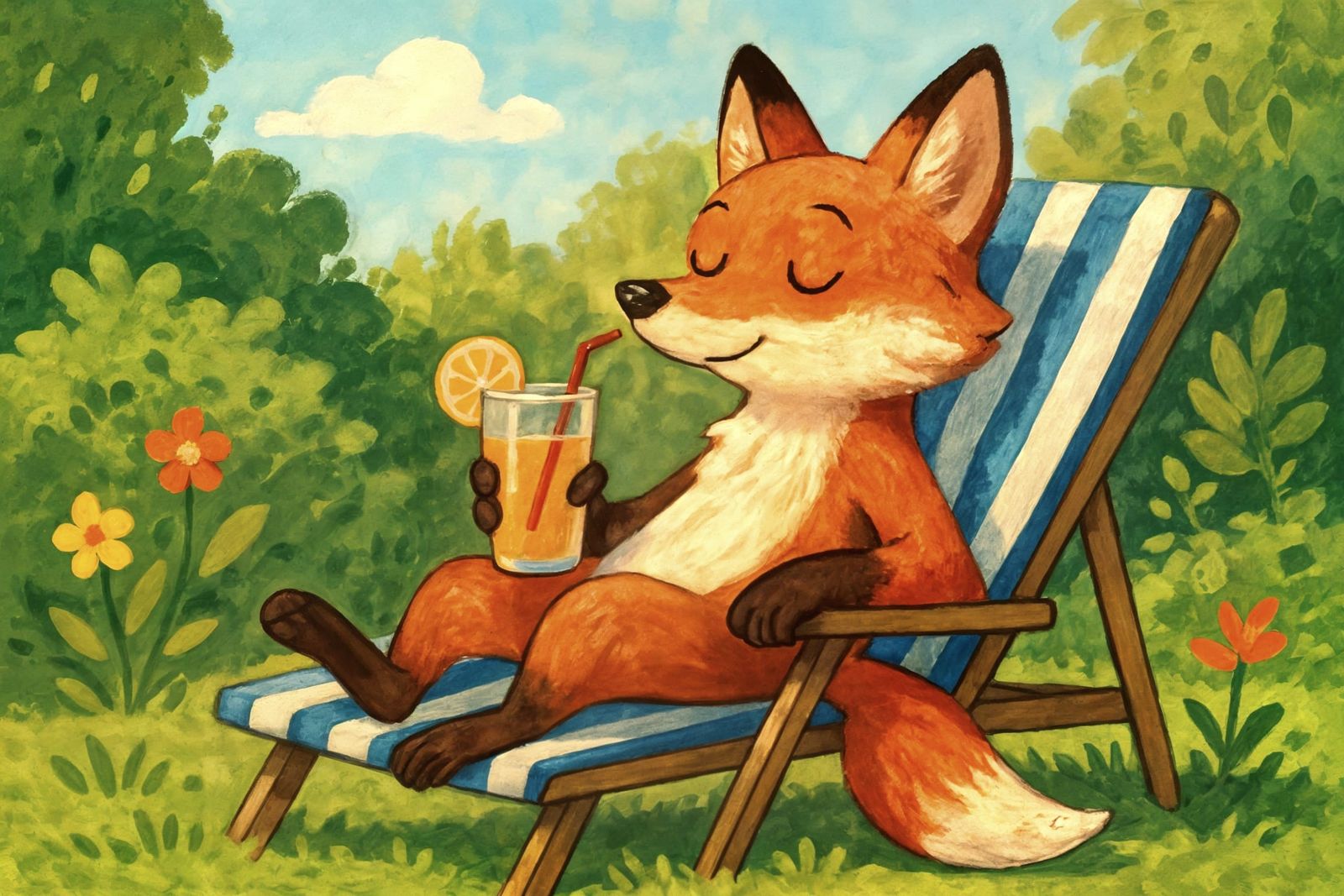 Fox Sipping Drink on Sun Lounger in Garden