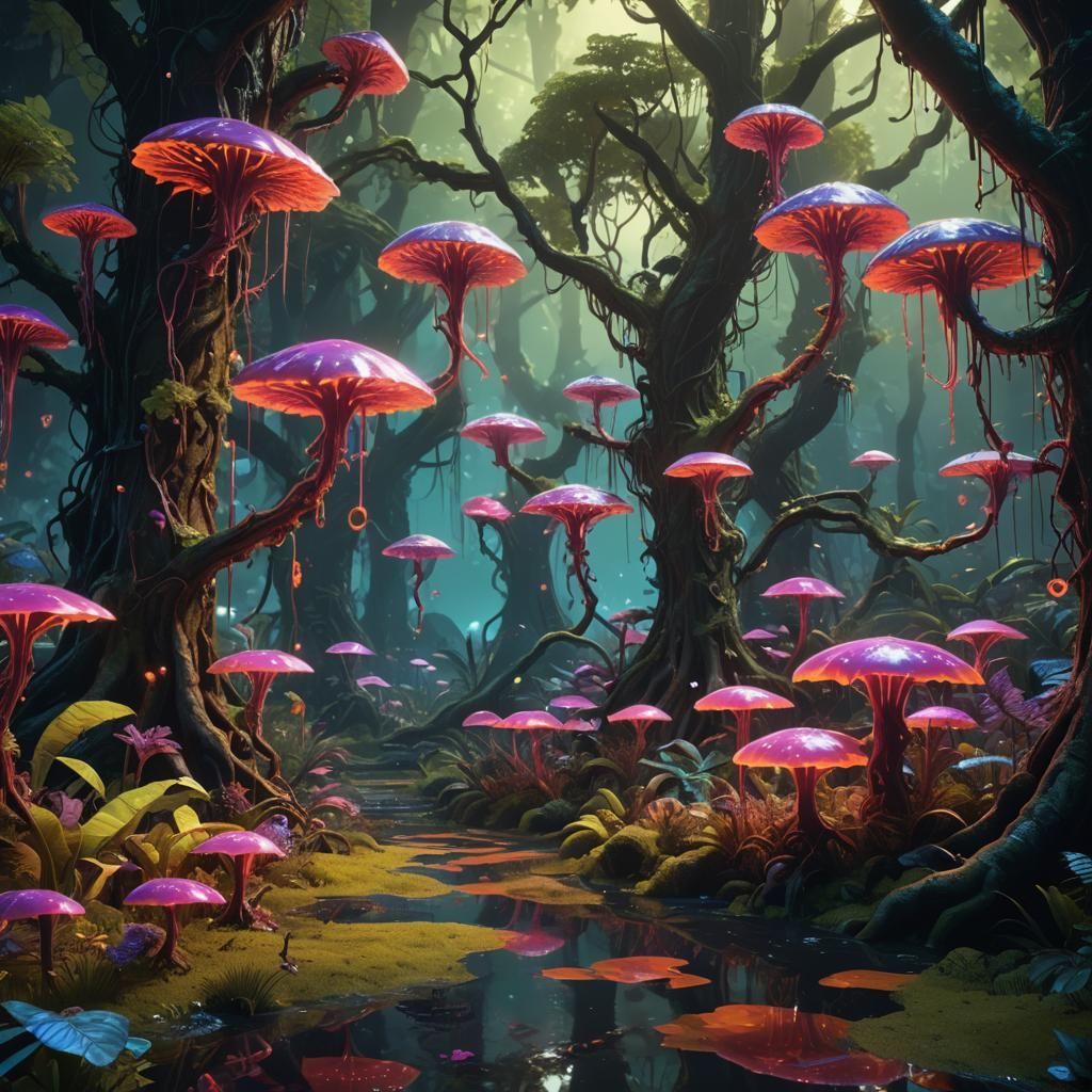 Neon Elf Forest with Dripping Ooze, Detailed Matte Painting