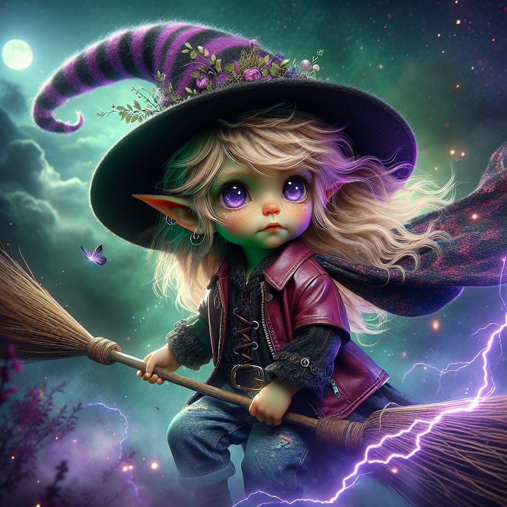 Adorable Elven child witch with double ended flying broom ge...