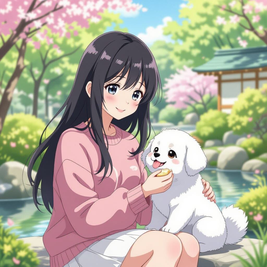Anime Girl Feeding Dog in Japanese Garden