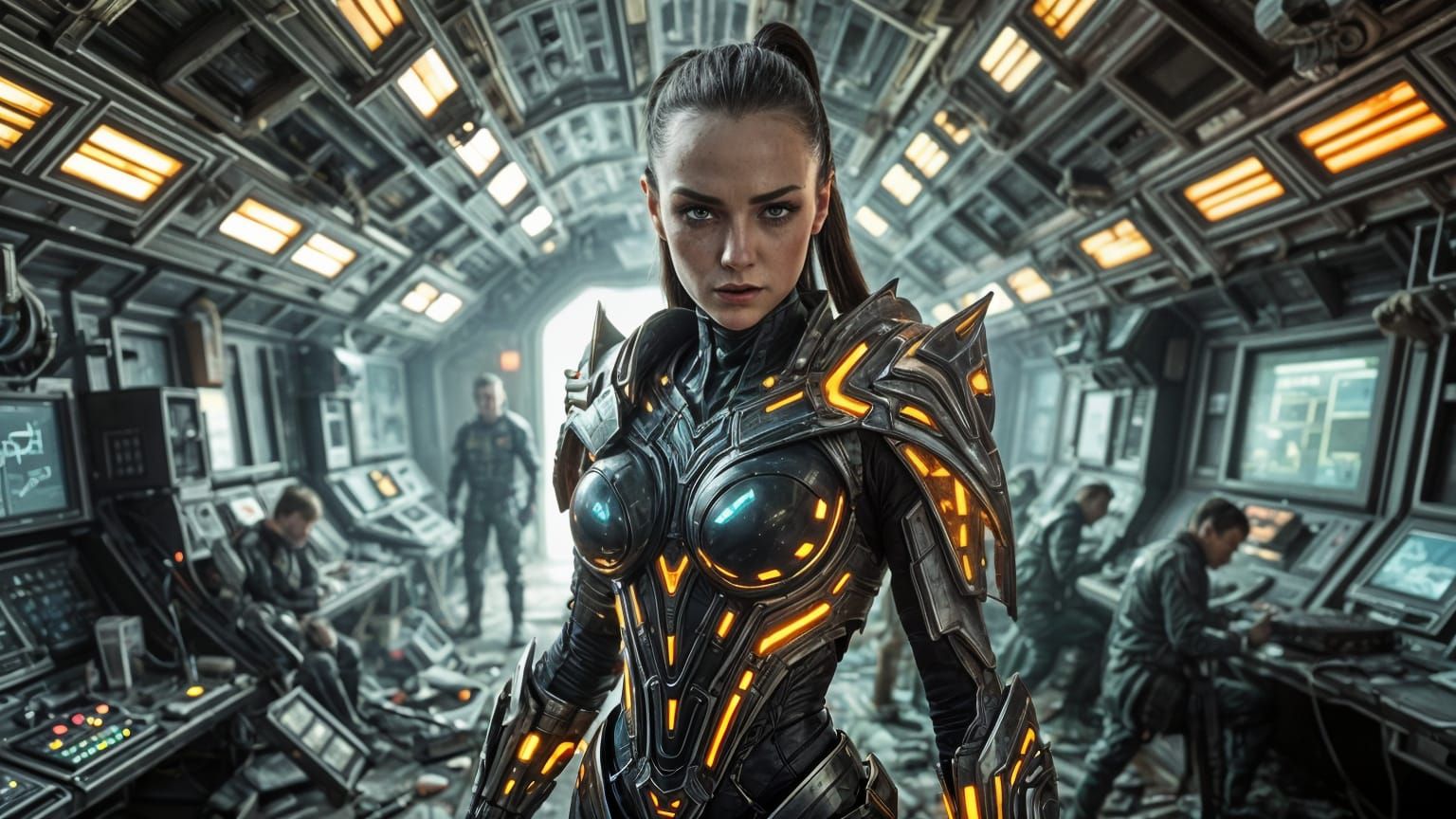 Alien Officer Amidst Spaceship Chaos in Glitchy Armor