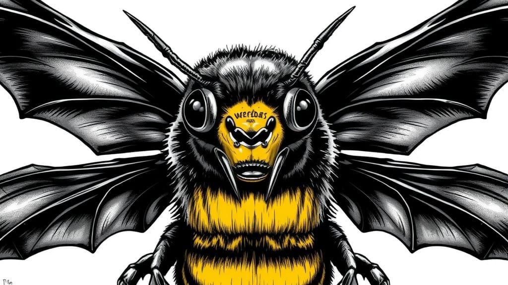 Dramatic Black and White Werebat-Bee Illustration