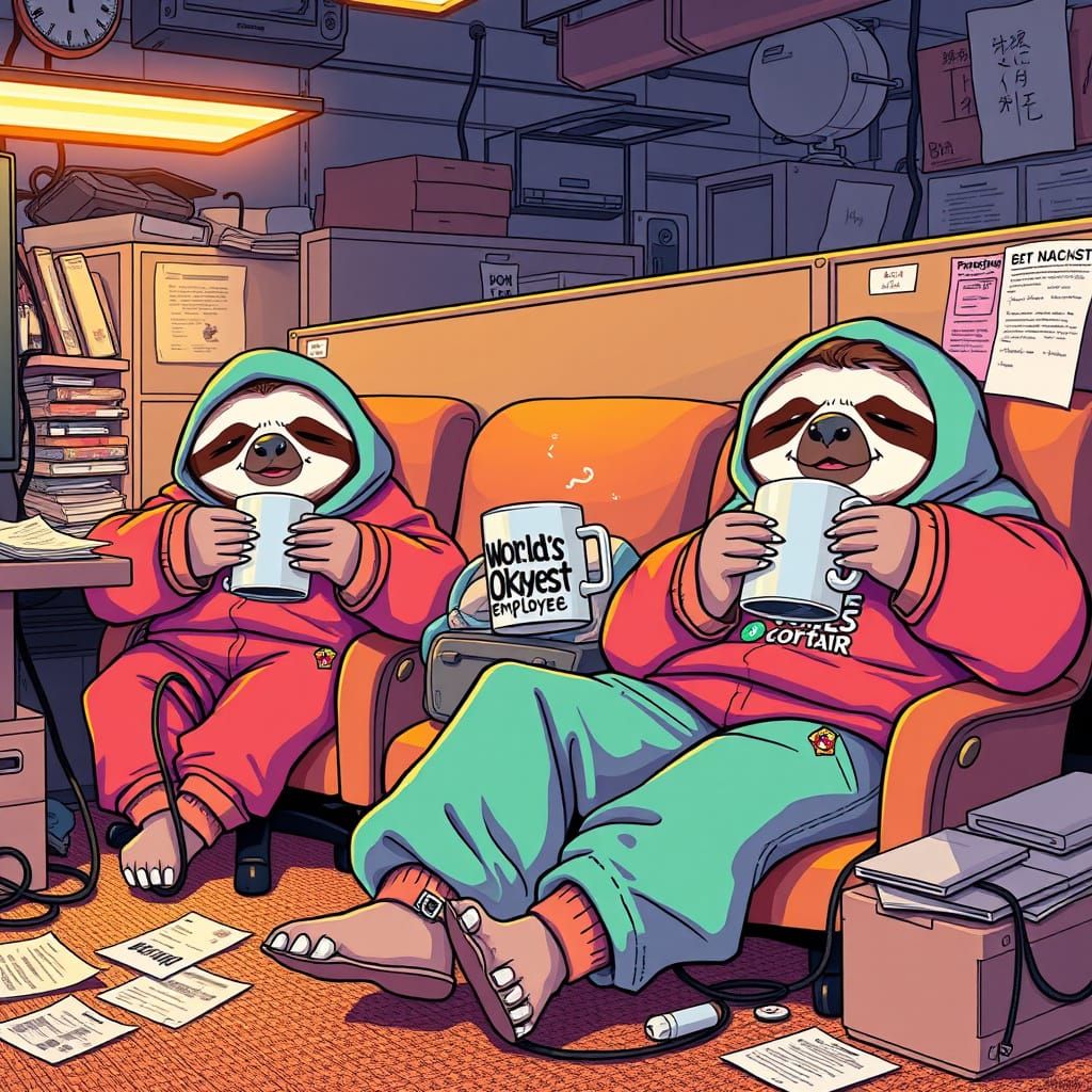 Cozy Sloth Office in Vibrant Sweatsuits