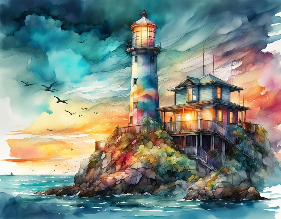Lighthouse Illustration with Sisters in Watercolor Style