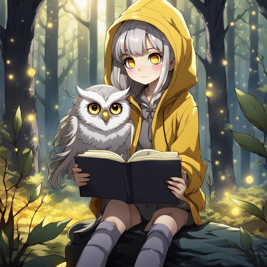 Anime Owl Girl Finds Book in Forest