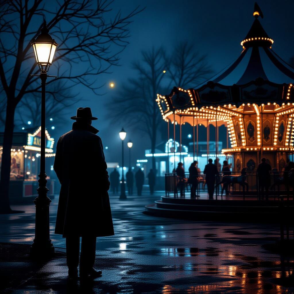Detective Surveys Midnight Carnival in Noir Style