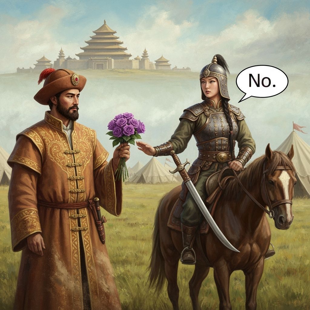 Marco Polo Offers Roses to Mongolian Warrior