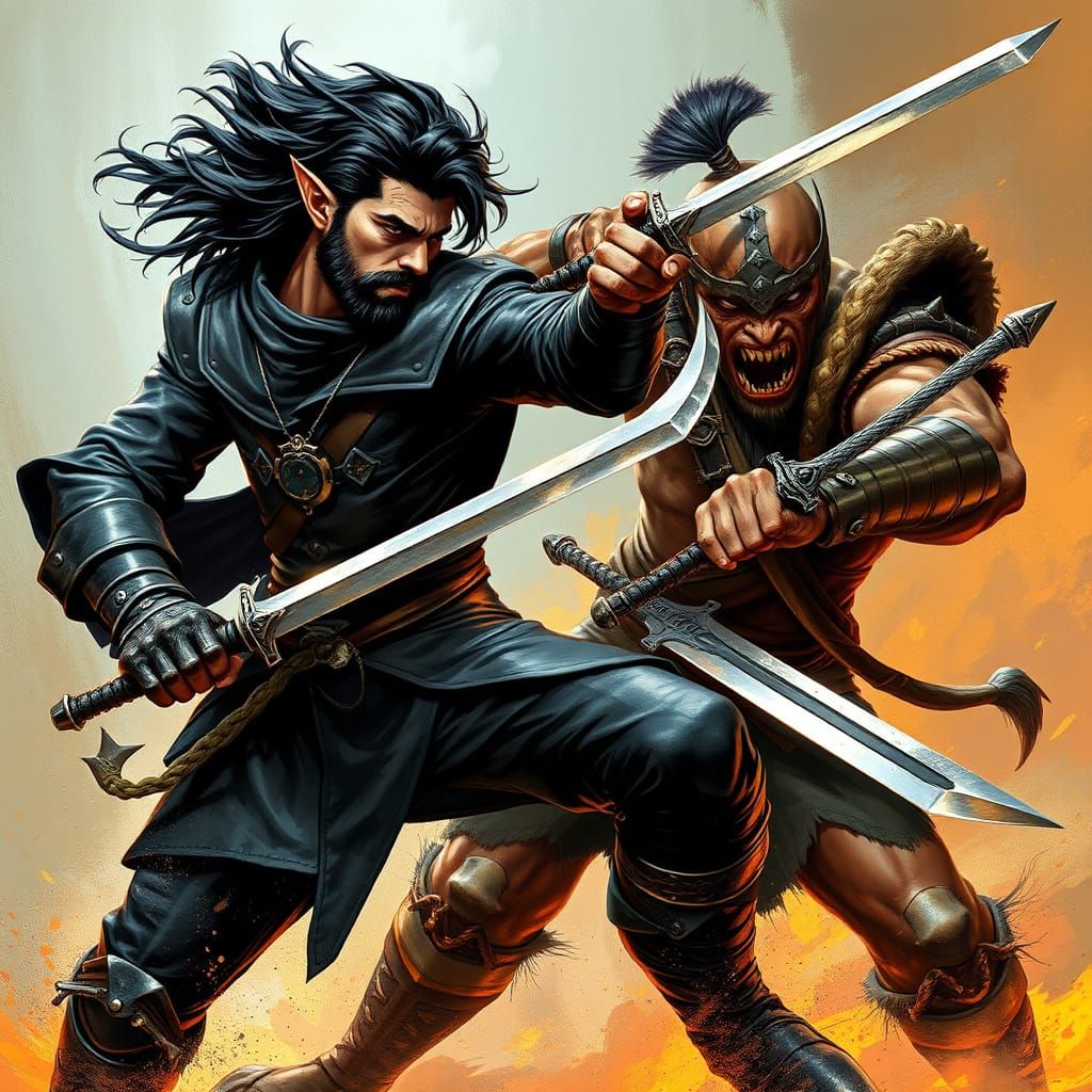 Half-Elf Rogue Duel in a Fantasy Battle Scene